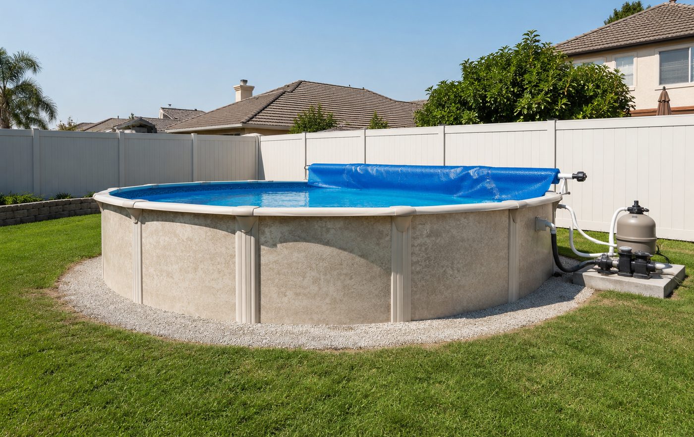 Above ground pool with pump and filter system installed in a Porterville, CA backyard