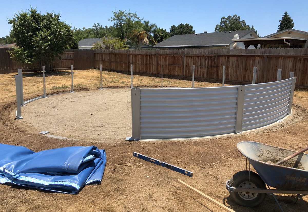 Above ground pool being installed on a leveled base in a Porterville, CA backyard