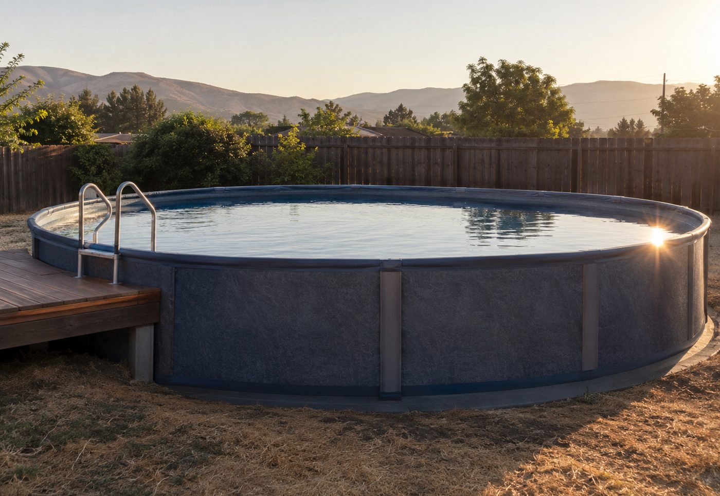 Completed above ground pool installation in a Tulare County backyard
