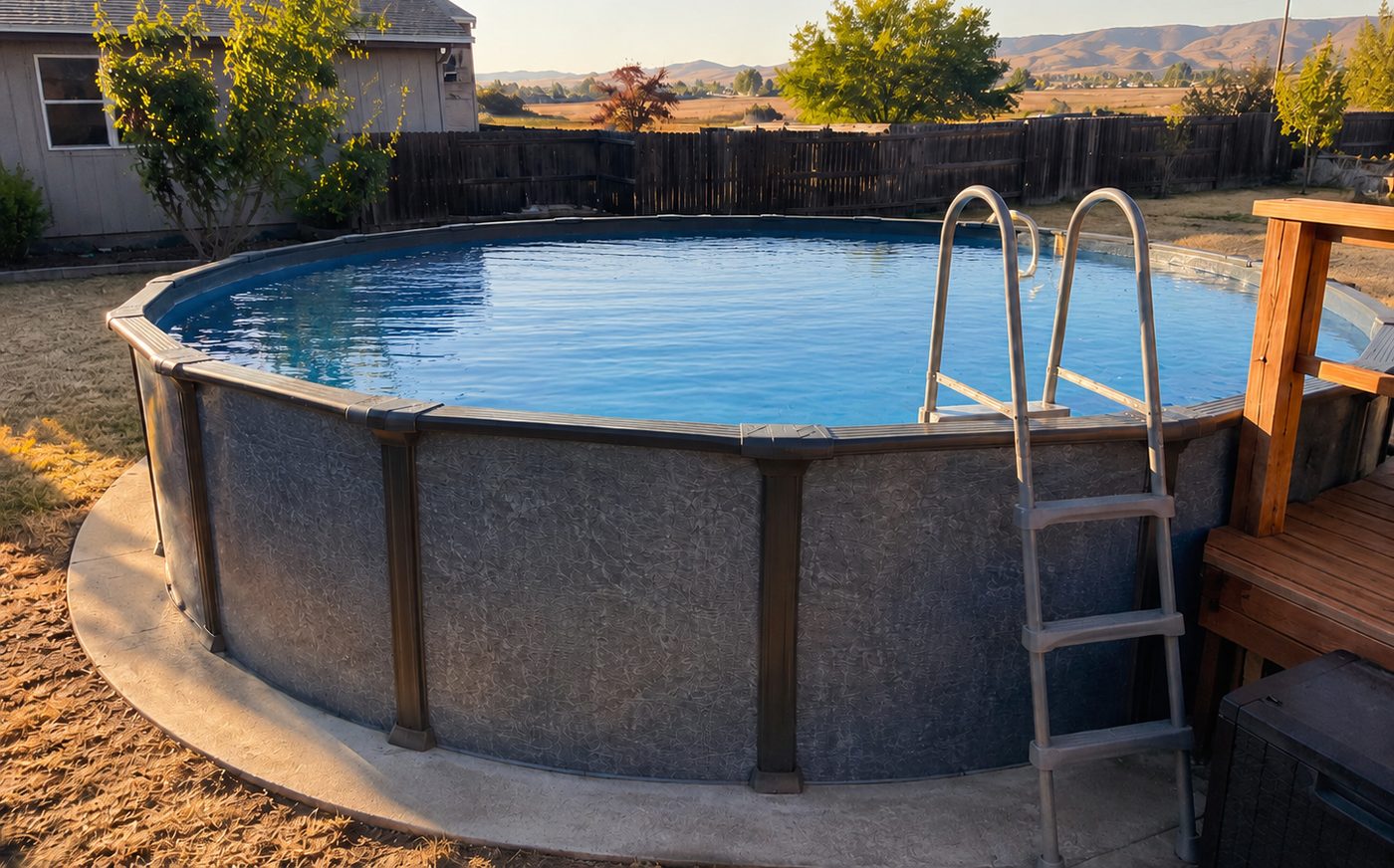 Above ground pool installed in a Porterville, CA backyard at sunset